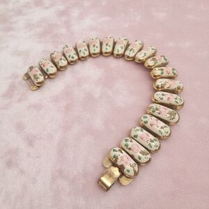 Vintage Hand Painted Floral Enamel Bracelet, Gold Tone Link Bracelet, Retro Pink